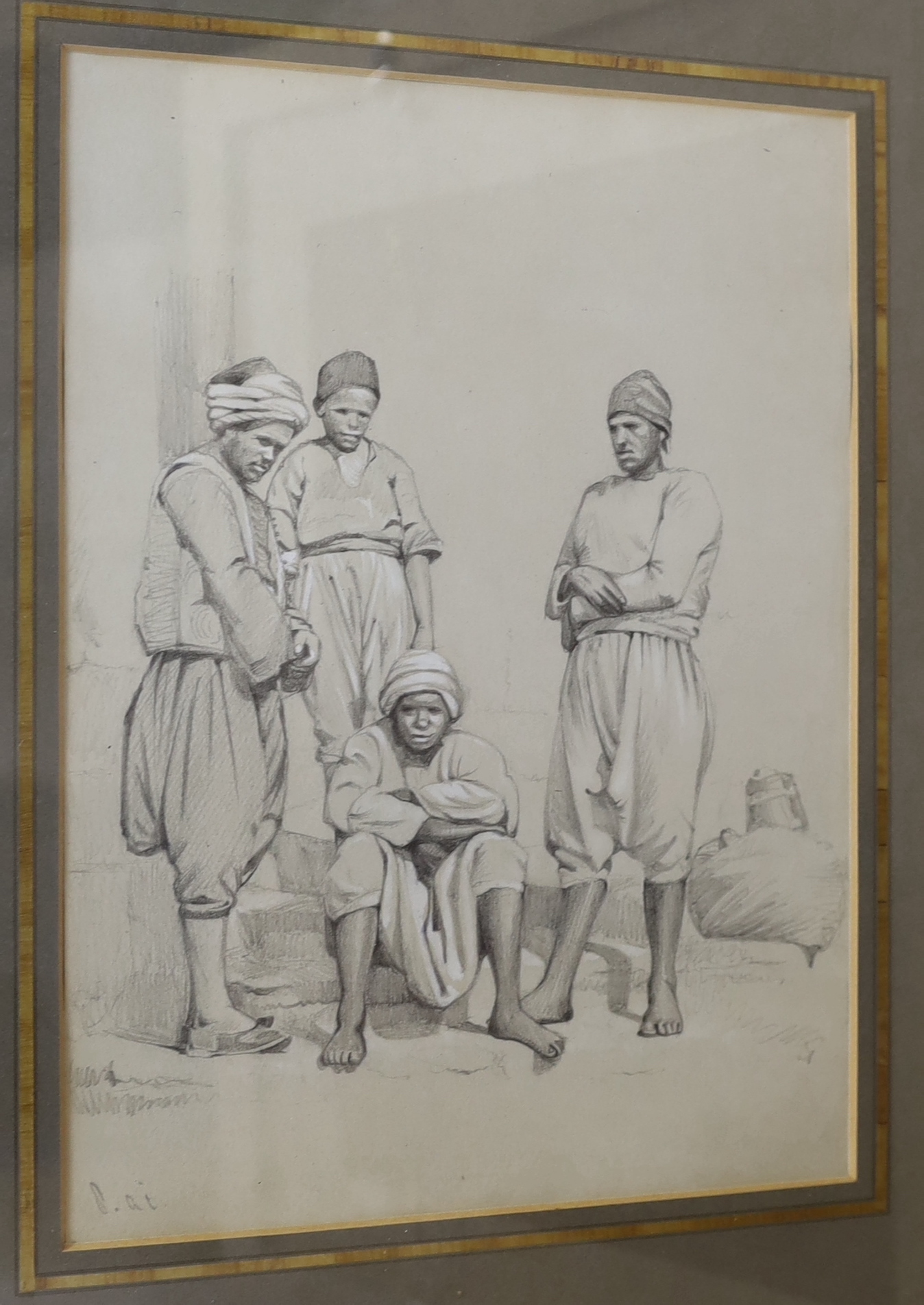 19th Century Neapolitan School, set of seven heightened pencil drawings, Italian and North African figures, largest 24cm x 17cm